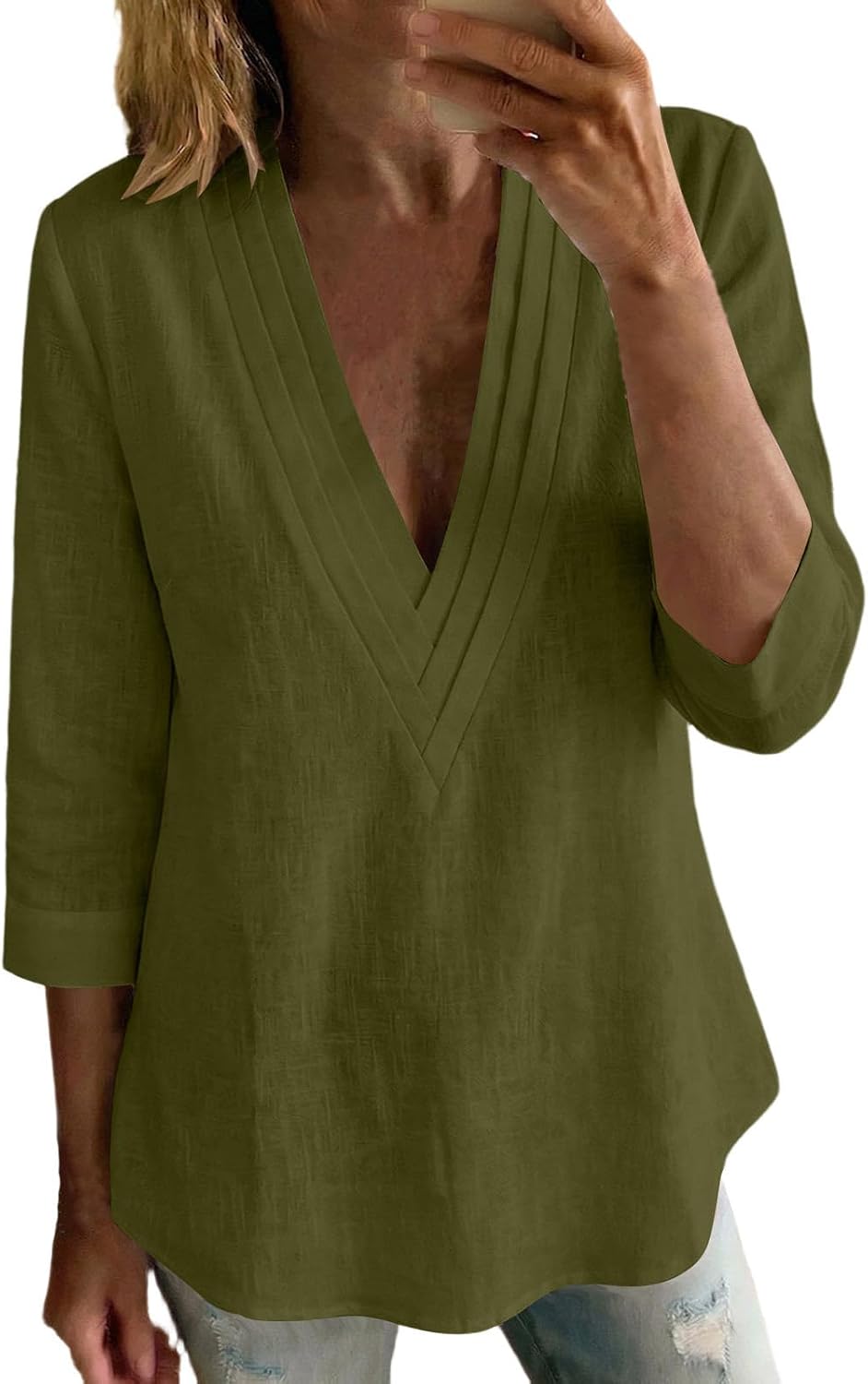 Women Linen T Shirts Vintage V Neck 3/4 Sleeve Tunic Gauze Tops | Comfy Lightweight Loose Fit Fashion Blouses Soft Plus Size Peasant Tees Travel Vacation Going Out Clothes