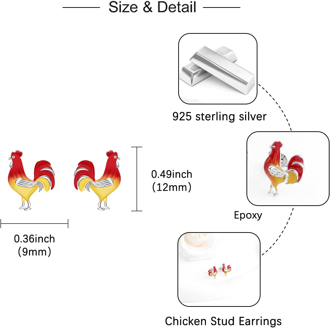 Cute Chicken Earrings for Women - 925 Sterling Silver Funny Rooster Gifts Colorful Cock Themed Jewelry Chicken Gifts For Women Novelty Animal Lover Earrings Farm Stud Earring for Birthday - Image 6