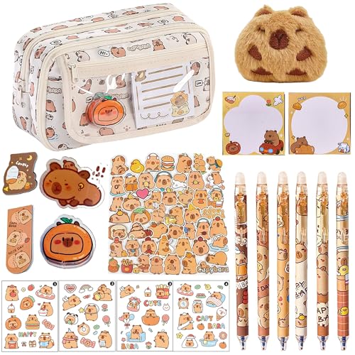 BTGVOY Capybara Pencil Case Stationery Set for Teen Girls Boys, Pens, Stickers, Plush Pendant, Aesthetic Desk Accessories, Back to School Supplies Kit for Animal Lover Birthday Gifts