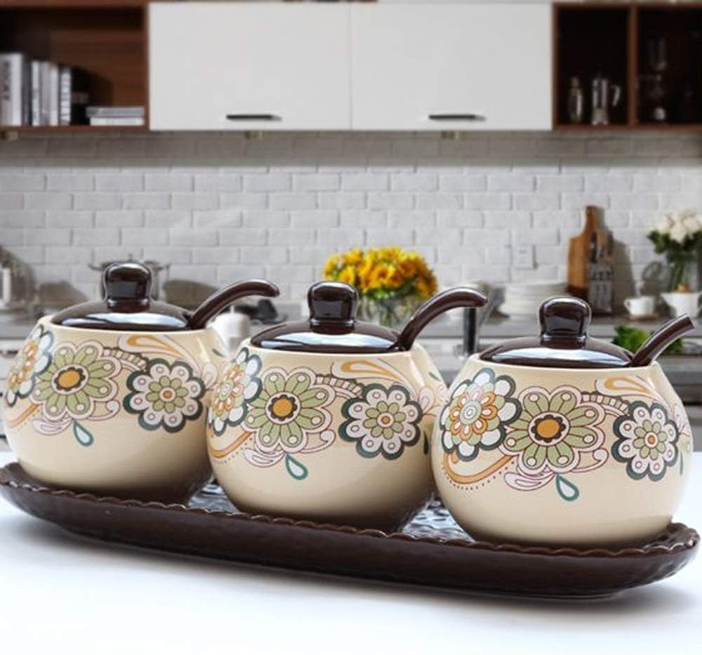 Ceramic Seasoning Pot Three-pot Design Set Kitchen Supplies, Household Storage Box Combination
