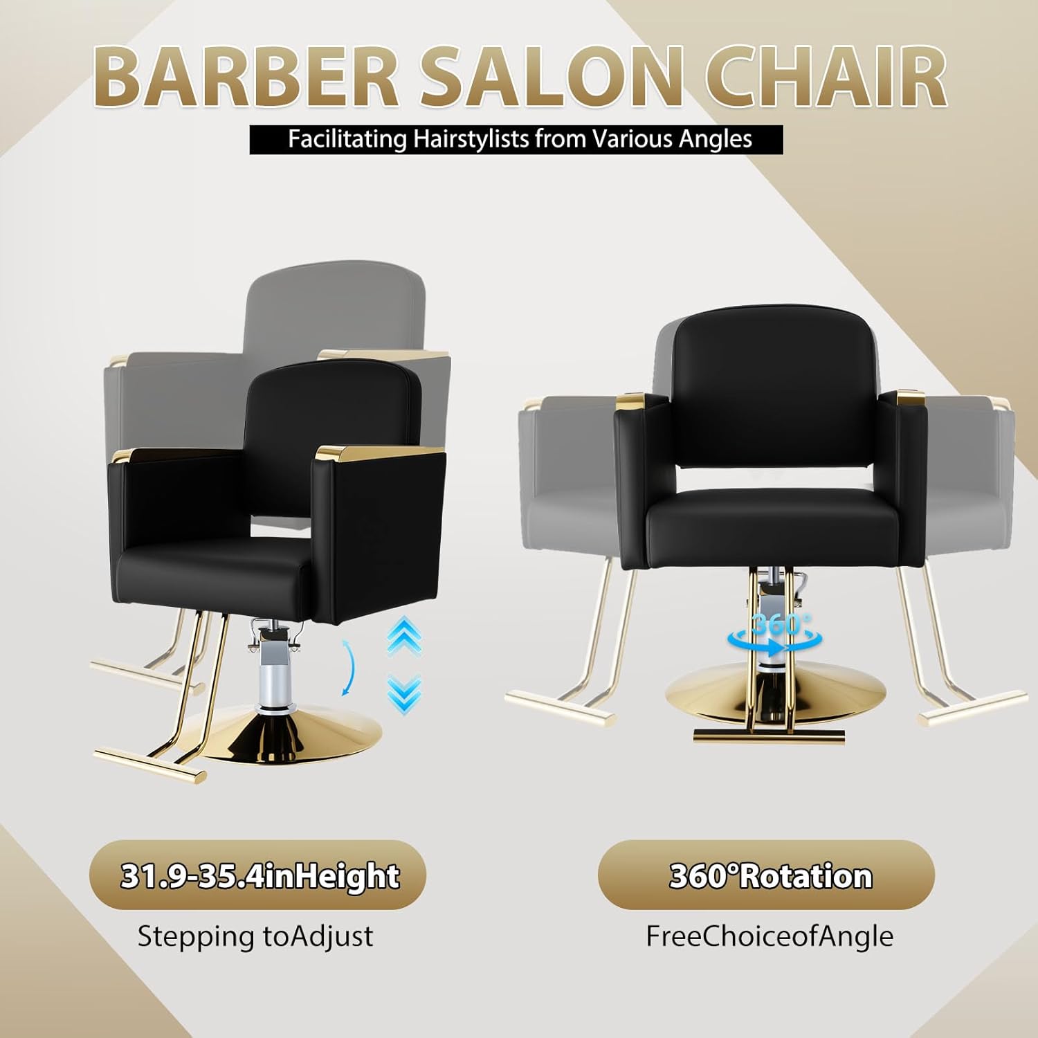 Salon Chair for Hair Stylist, Heavy Duty Hydraulic Styling Chair with 360° Swivel, Adjustable Height Barber Chair for Women & Men, Beauty Salon Spa Equipment, Max Load 440 lbs-Gold