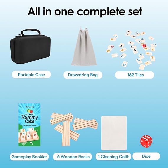 Rummy Cube Game 6 Players with Portable Travel Case, 162 Melamine Rummy Tiles & 6 Wooden Holders, Classic Family Strategy Board Game for Adults Kids