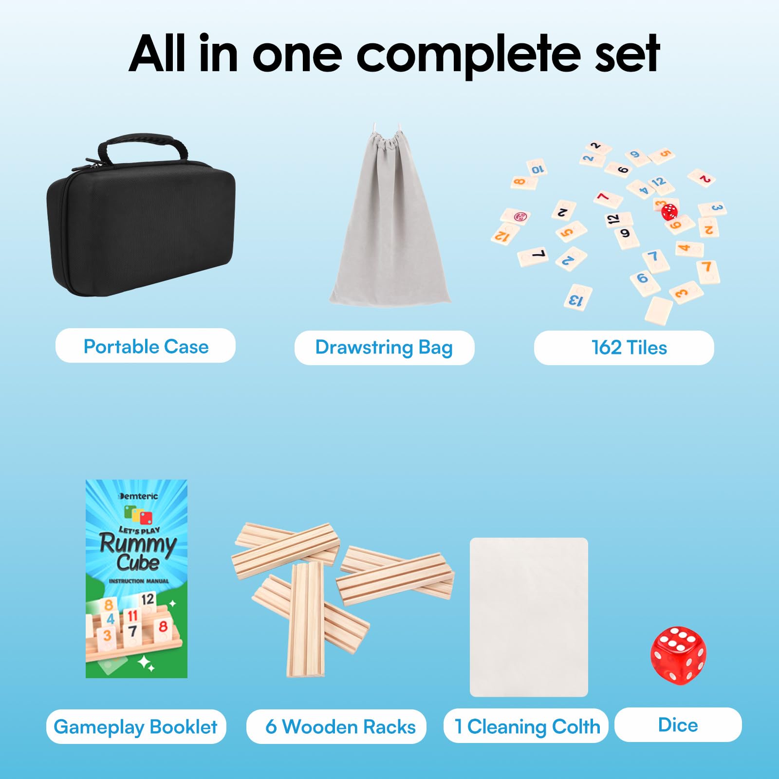Rummy Cube Gioco per 6 giocatori con custodia da viaggio portatile, 162 piastrelle in melamina e 6 supporti in legno, classico gioco da tavolo strategico per famiglie per adulti e bambini