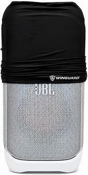 JBL PartyBox Stage 320 - Portable Party Speaker with Telescopic Handle & Wide, Sturdy Wheels, Up to 18 Hours of Play time, Splash Proof Including Winguard Protective Dust Cover White