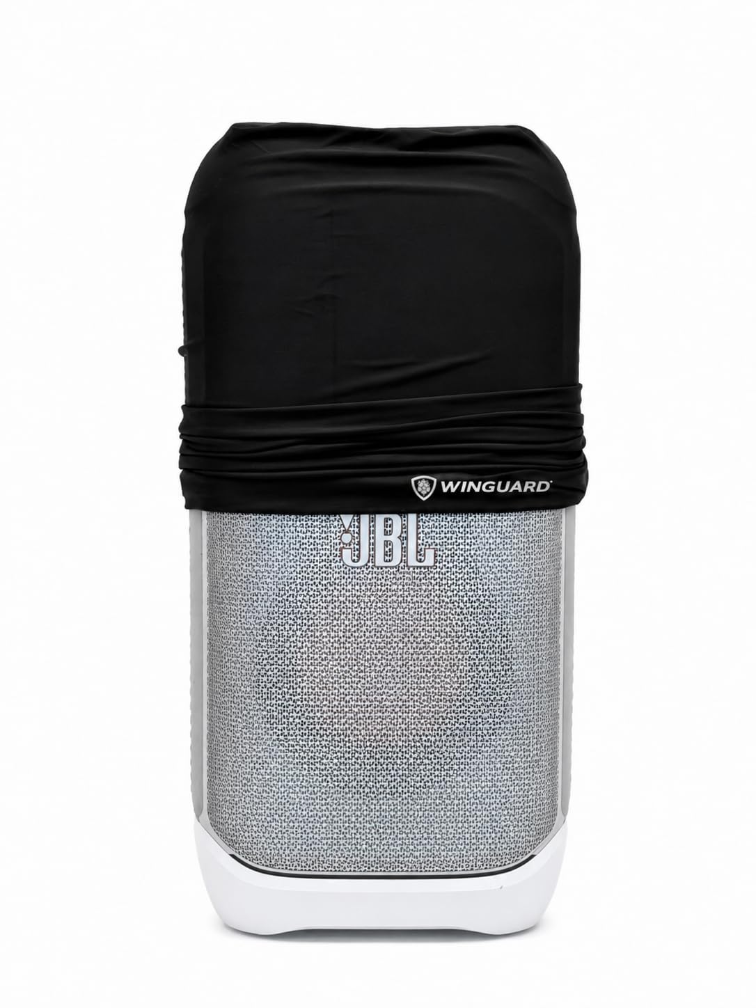 JBL PartyBox Stage 320 - Portable Party Speaker with Telescopic Handle & Wide, Sturdy Wheels, Up to 18 Hours of Play time, Splash Proof Including Winguard Protective Dust Cover (White)