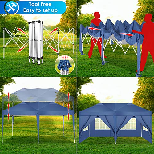 Tooluck Canopy 10X20Ft Pop Up Canopy Tent With 6 Sidewalls, Fully Waterproof Canopy Tent With Heavy Duty Steel Frame, Blue #TOP5