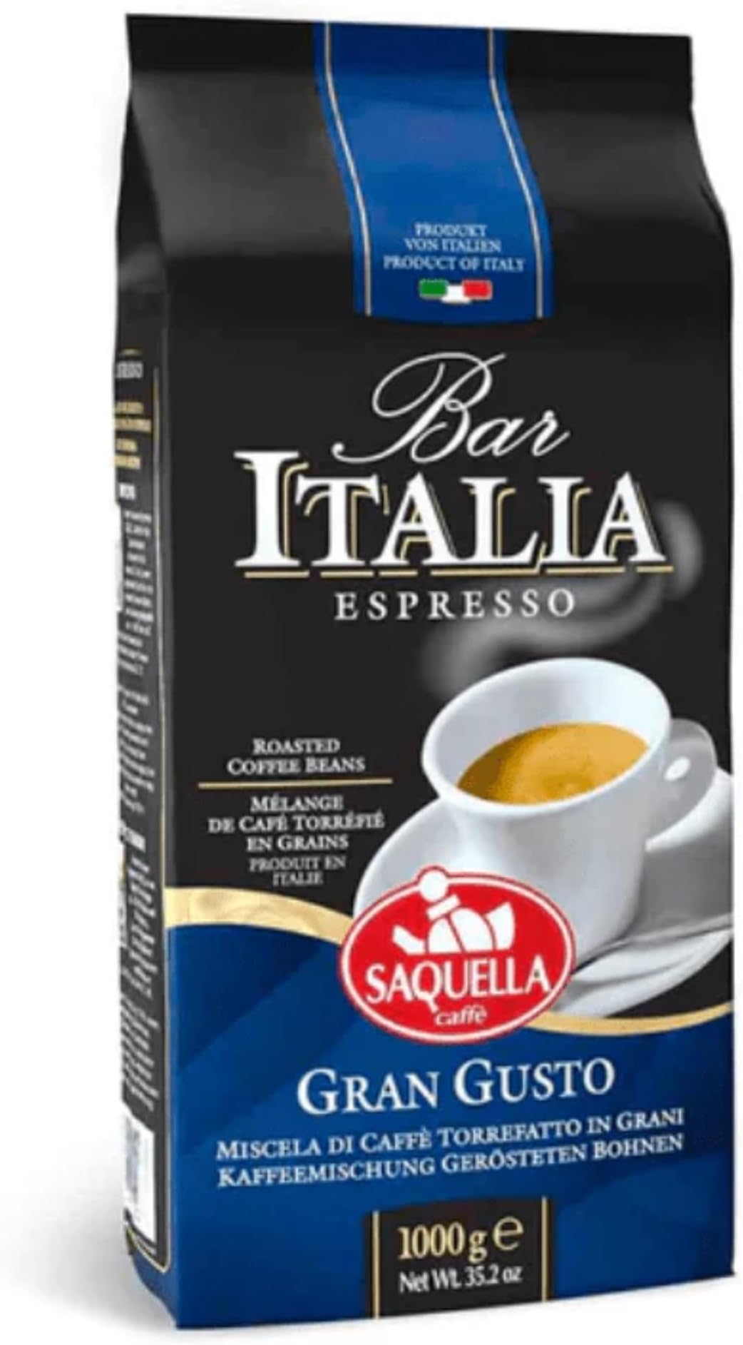Saquella Kaffee Bar Italia Gran Gusto Espresso Coffee Beans, 1kg (2.2 lb) | Authentic Italian Espresso | Full-Bodied Aroma & Smooth Crema | Perfect for Espresso Machines
