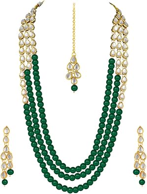 Aheli Classy Bollywood Party Wedding Kundan and Beads Necklace Earrings with Maang Tikka Set Indian Traditional Ethnic Fashion Jewelry Gift for Women