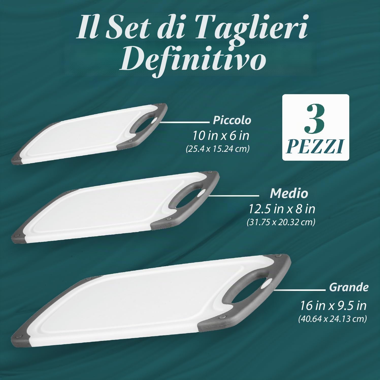 HOMWE Set di taglieri in plastica, 3 taglieri da cucina con manici facili da impugnare e scanalature per succhi