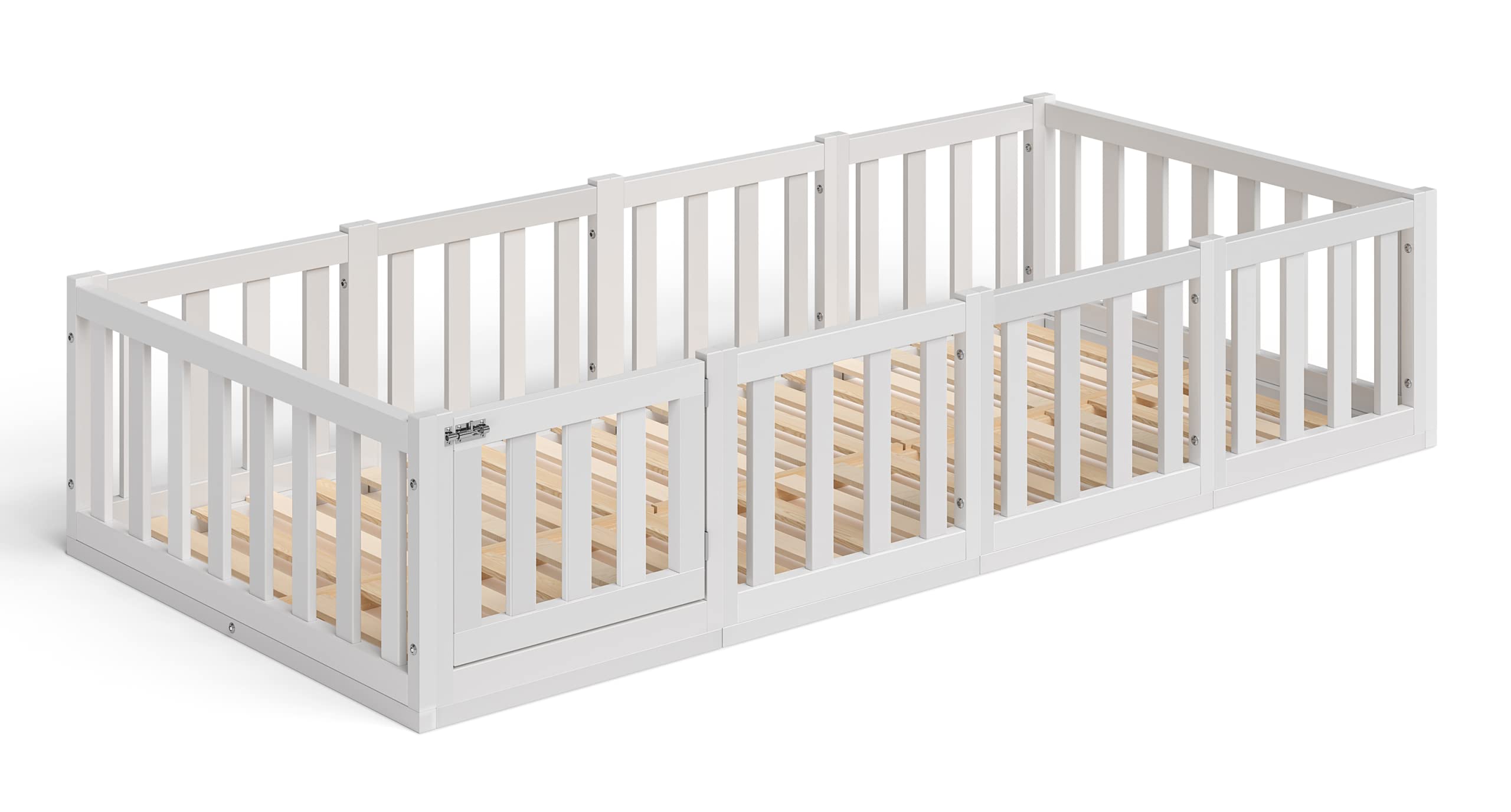 Bellabino Tapi Bett 90x200 cm, Kinderbett mit Rausfallschutz und Tür, inklusive Lattenrost, Montessori Bodenbett für Jungen und Mädchen aus Kiefer Massivholz, weiß lackiert, Bed