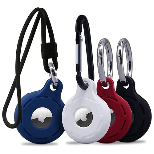 Apple Airtag Holders 4 Pack, Shockproof, Dustproof & Washable Silicon Cases for Air Tags with Accessories for Wallets, Luggage, Pet Collars, Key Finders (Blue - White - Red - Black) - Blue - White - Red - Black