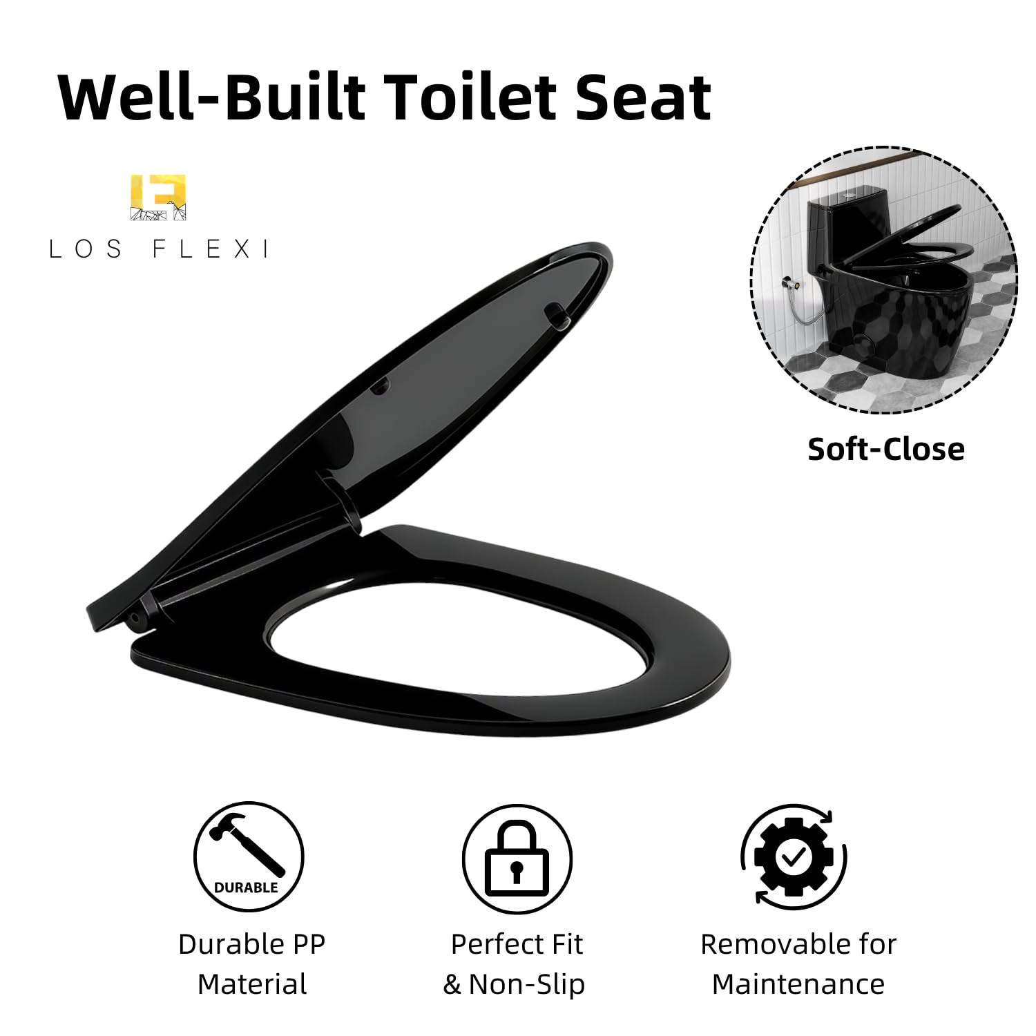 Inodoro negro con descarga de remolino sin borde, inodoros modernos y alargados de una pieza ADA de 17.3 pulgadas para baños, doble descarga de 1.0/1.28 GPF, altura de silla cómoda
