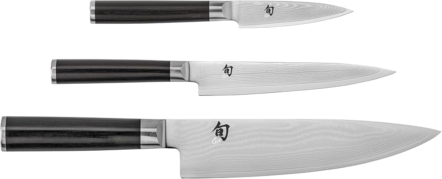 Shun Classic 3 Piece Starter Set, Includes 8" Chef, 3.5" Paring & 6" Utility Knives, Handcrafted Japanese Knife Set, VG-MAX Core with Damascus Stainless Steel Cladding, Pakkawood Handle
