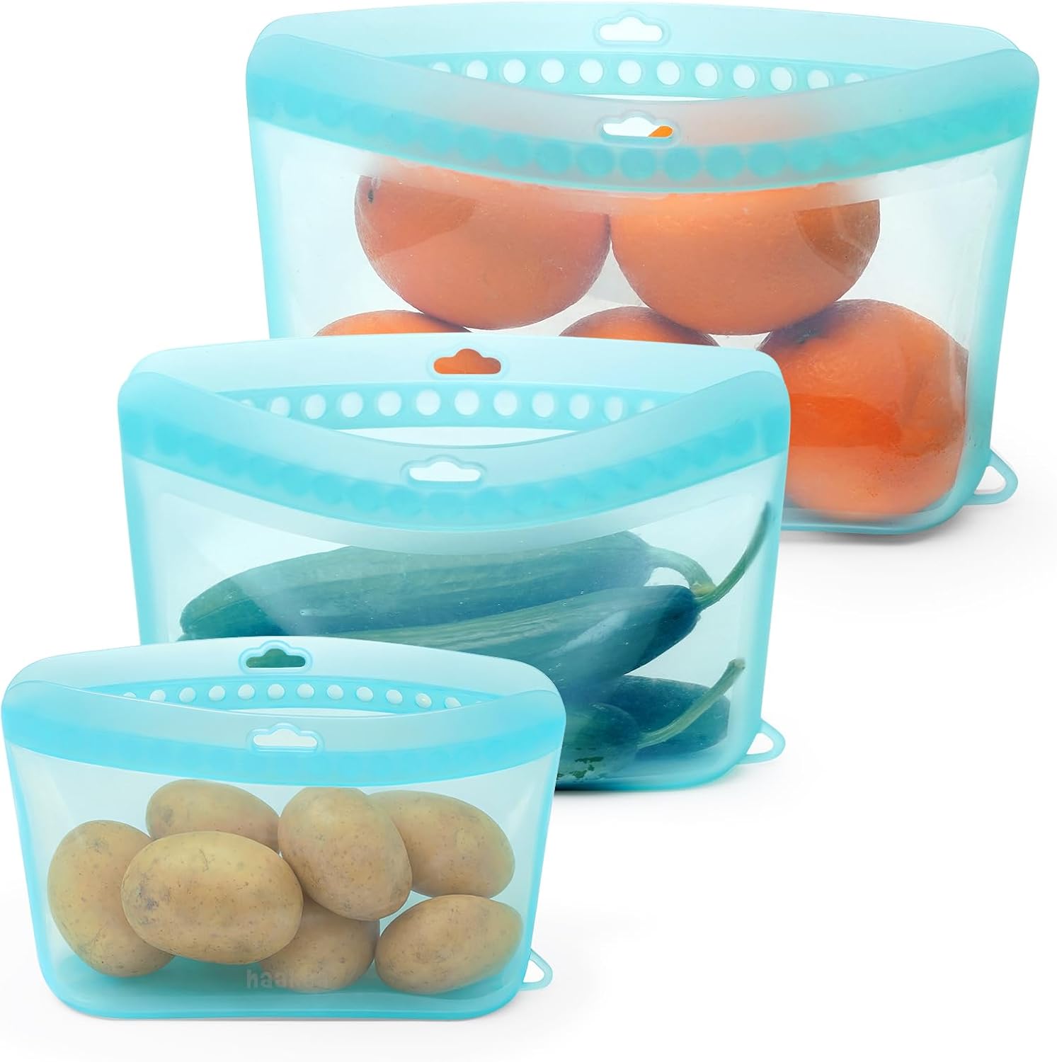 Haakaa Dot Seal Reusable Silicone Food Storage Bags,3 Pack-Silicone Leakproof Freezer & Sandwich Snack Bags,BPA Free Baby Food Containers, Microwave & Dishwasher Safe,Turquoise (500ml, 1000ml, 1500ml)