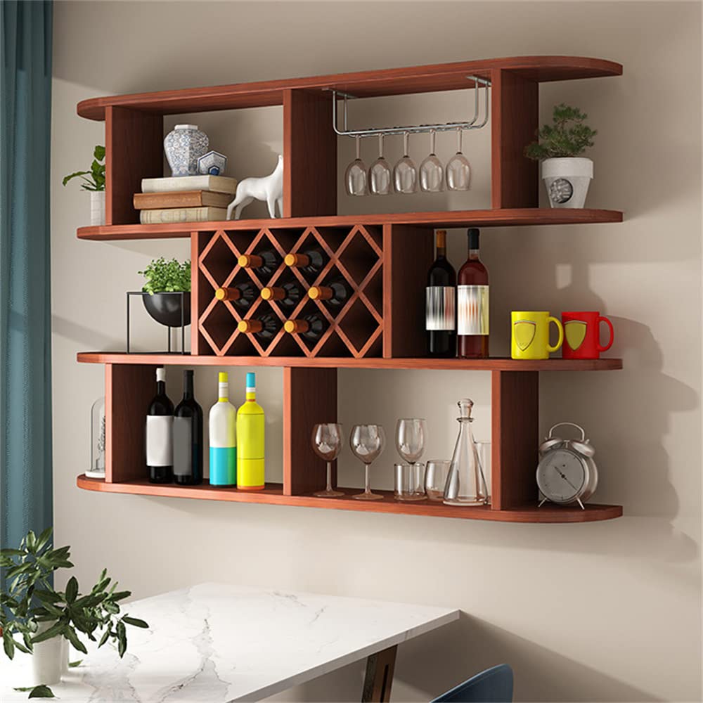 Full view of the LITFAD Wall Mounted Wine Rack, showcasing its brown manufactured wood construction and multi-tier design.