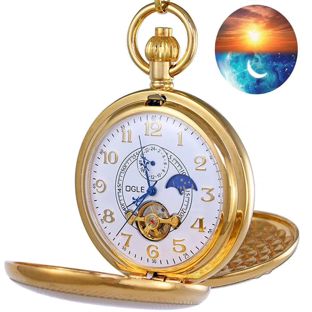 OGLE Vintage Kupfer doppelte Abdeckung Tourbillon Phasen Mond Kette Fob Selbstaufzug automatische mechanische Taschenuhr / goldfarbenes Zifferblatt