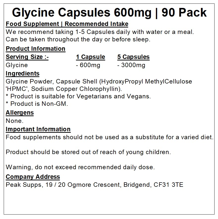 Glycine Capsules 600mg | Pure No Fillers | Vegan (90)