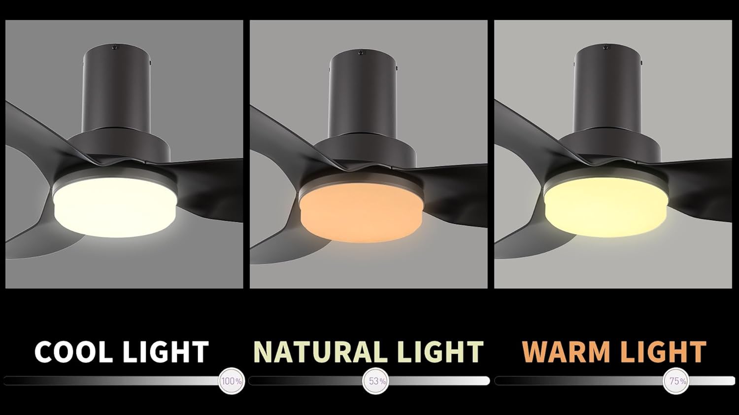 SMAAIR ceiling fan light showing cool, natural, and warm light settings