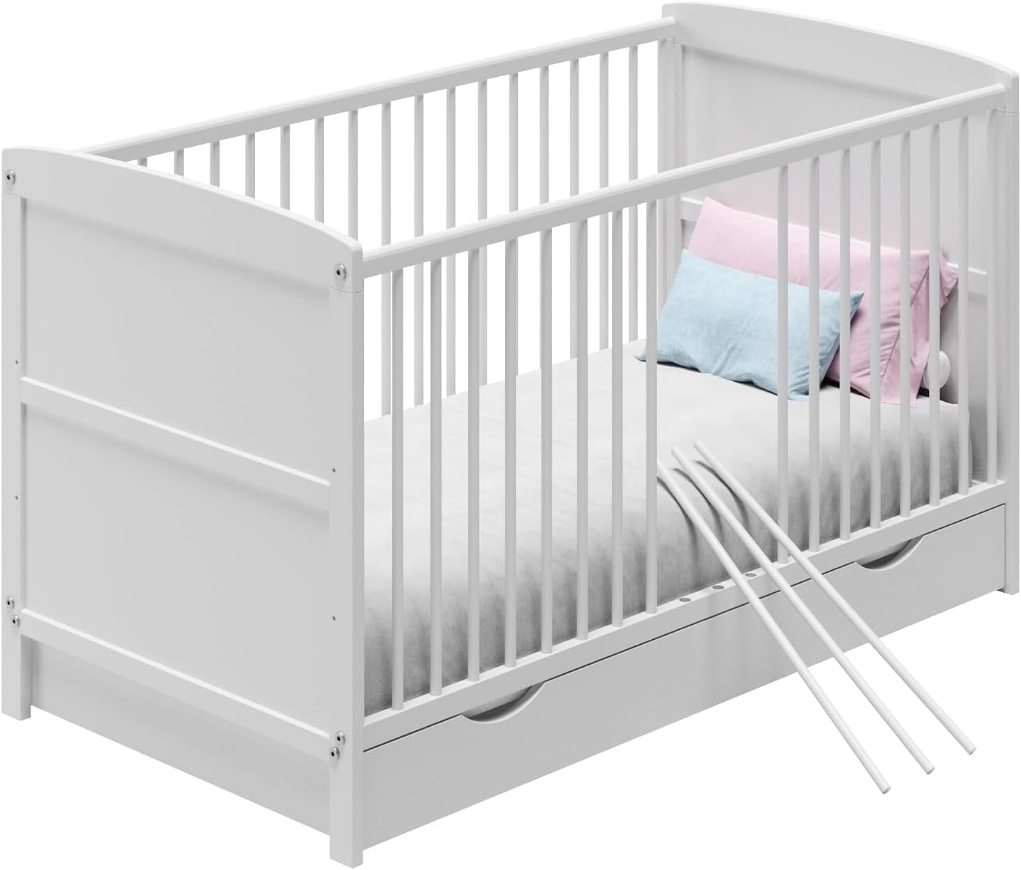Lit bébé 70x140 avec tiroir, lit à barreaux, lit pour enfant, hauteur réglable et barreaux amovibles avec matelas | autres tailles : 60x120 cm | 70x140 cm : de la naissance jusqu'à 6 ans, blanc