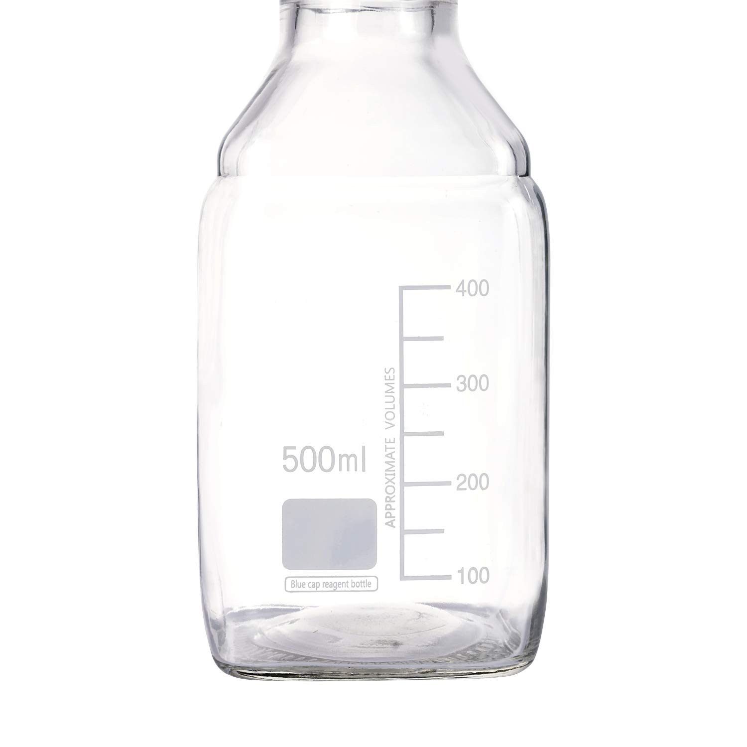 Moonetto - Botella de cristal cuadrada graduada Pyrex de 500 ml, con tapón de rosca de polipropileno azul GL45 (paquete de 8)