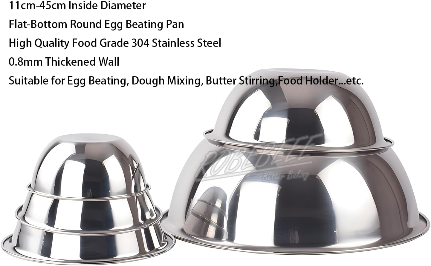 11cm - 45cm Round Shape Stainless Steel Egg Beating Bowl Dough Butter Stirring Pan Vegetable Washing Holder DIY Kitchen Tools (30cm Diameter Egg Beating Bowl)