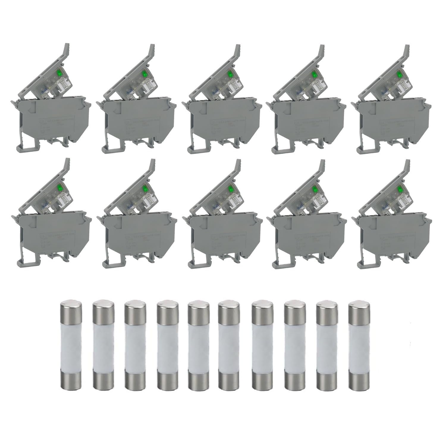 10PCS Grey DIN Rail Fuse Holders, 24V LED. 10PCS 5A Ceramic Fuses Included | UK5-HES1; Flame Retardant Housing; 24V Signal Display; Circuit Safety Protection; DIN Rail