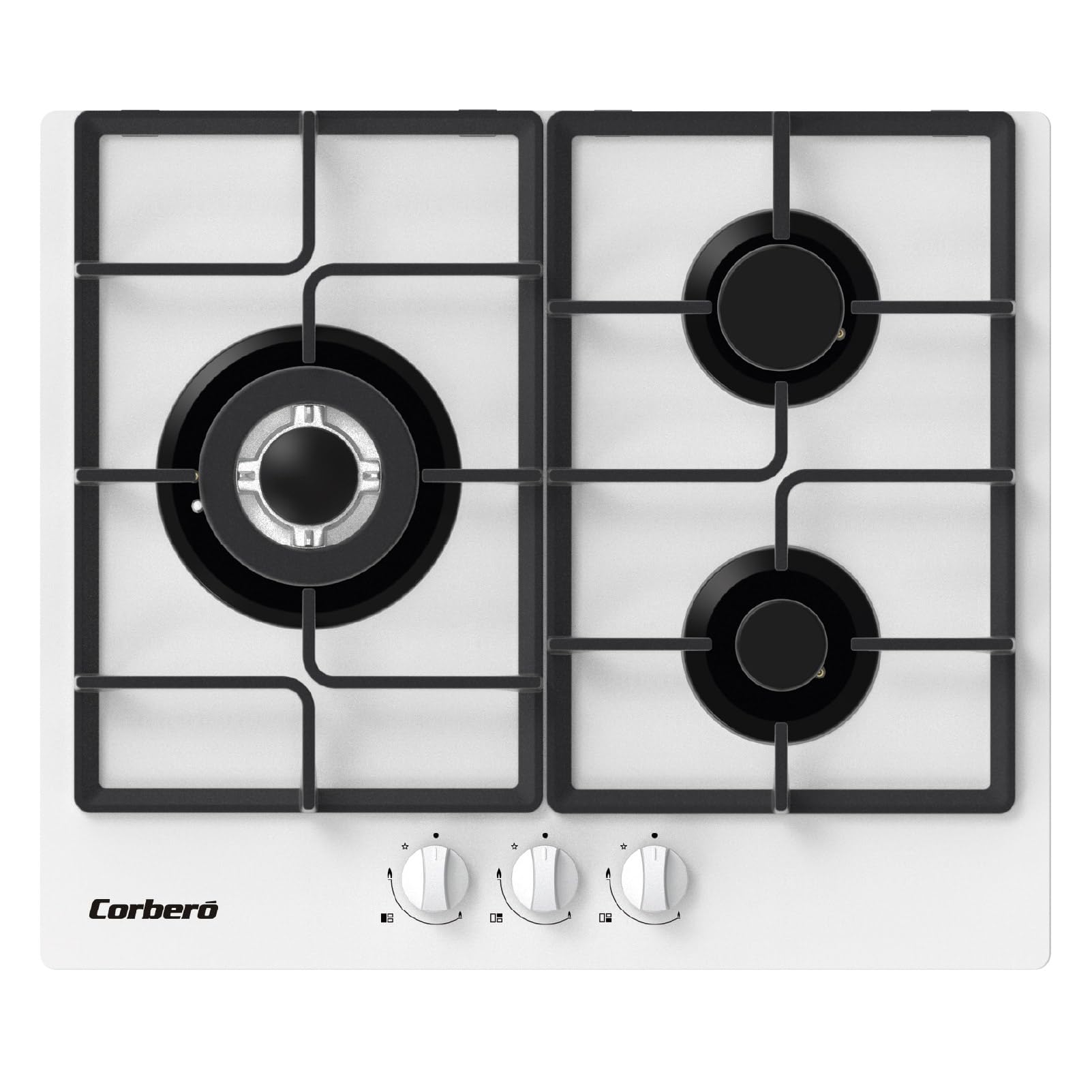 Corberó - Plaque gaz butane 60 cm | CPCGM3F3126W | Puissance 6,05 kW | 3 zones | Zone Wok | Auto-allumage | Couche de protection Clean+ | Arrêt automatique | Verre blanc