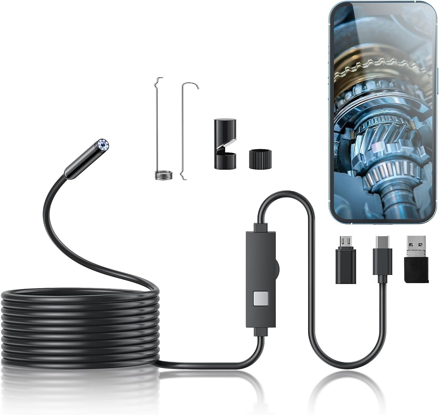 Endoscope Camera with Light,1280P HD Borescope with 8 Adjustable LED Lights, Endoscope with Semi-Rigid Snake Cable, IP67 Waterproof Inspection Borescope for iOS and Android