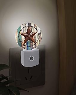 Plug into Night Light Western Star Farm Texas LED Auto Sensor Dusk to Dawn Nightlight Vintage Farm Wood Grain Smart Dimmable Lights for Home Hallway Bedroom Bathroom