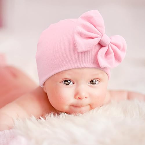 Miniatura 2 de AQOKKA 4 Pieces Newborn Baby Girls Hats Mittens Set Beanie Infant Bow Hats Hospital Hat Baby Cotton Hats for 0-6 Months