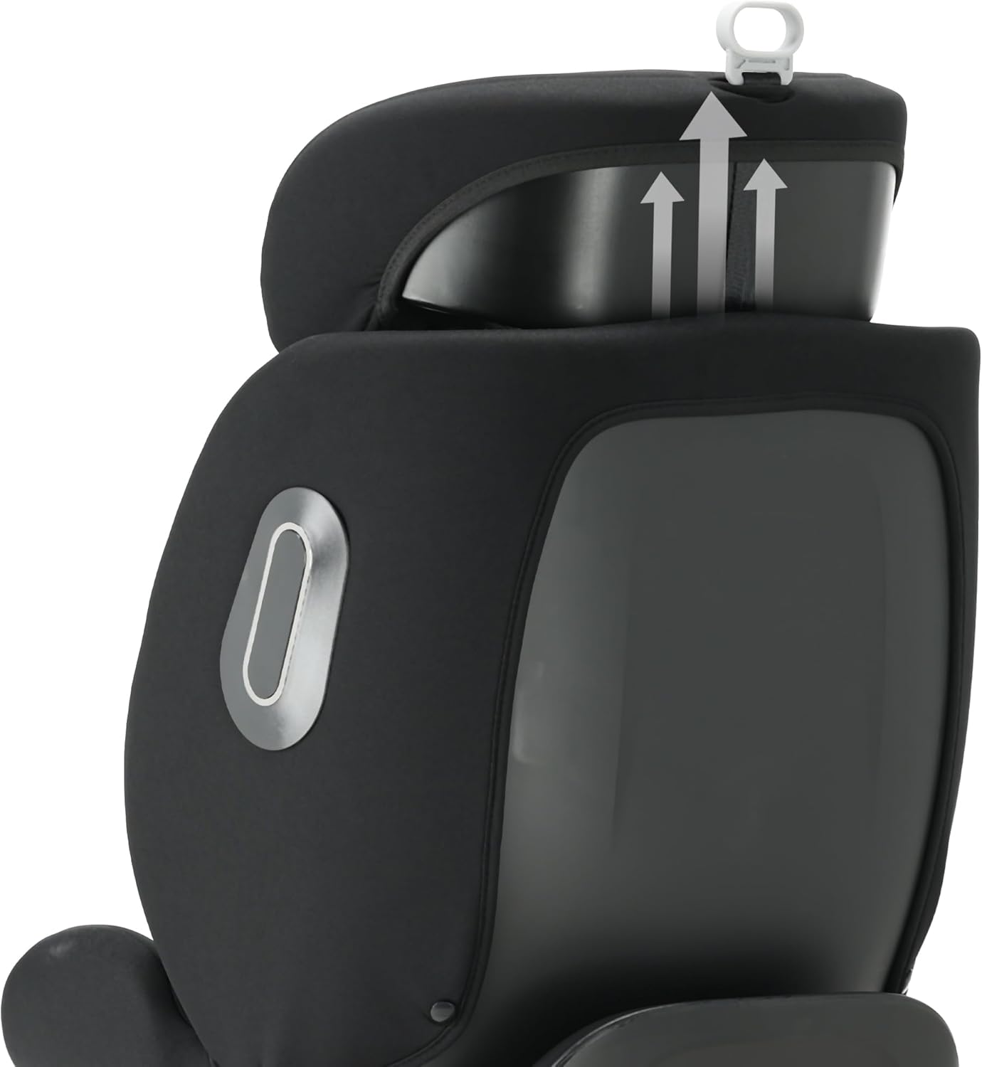 Close-up of the Deryan Carly car seat's headrest adjustment mechanism, showing arrows indicating upward movement.