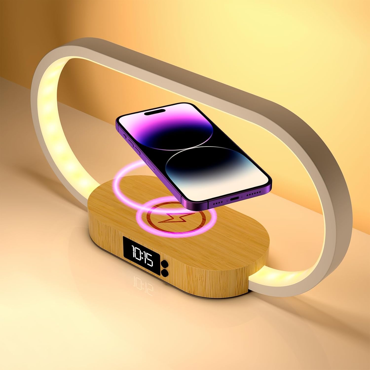 m zimoon Nachttischlampe mit Schnellem Kabellosem Ladegerät, Schreibtischlampe LED mit Uhr, Tischlampen für Nachttisch, Touch-Nachtlicht für Schlafzimmer, Holzdekor, 3 Farbmodi