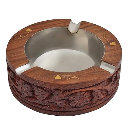 Deseno TWN Handmade Wooden Ashtray for Men Home Office Rosewood Ash Tray with Brass and Steel 3 Spots Smoking for Home, Car, Garden, (10. 5, 10.5 .5.5 cm)