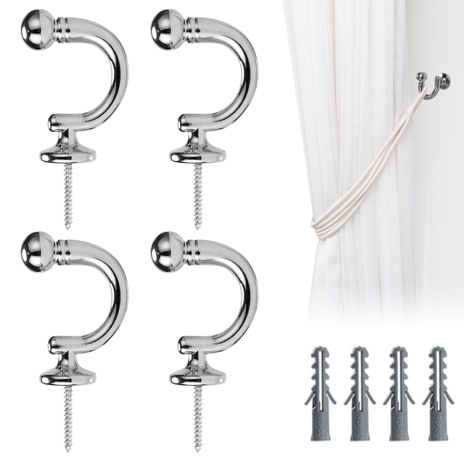 Curtain Tie Backs Hooks, 4Pcs Tie Back Hooks For Curtains, Metal Ball End Curtain Backs Hook Silver U-Shaped Metal Curtains Holdbacks, Heavy Duty Hooks for Drapes, Clothes, Coat Hanger