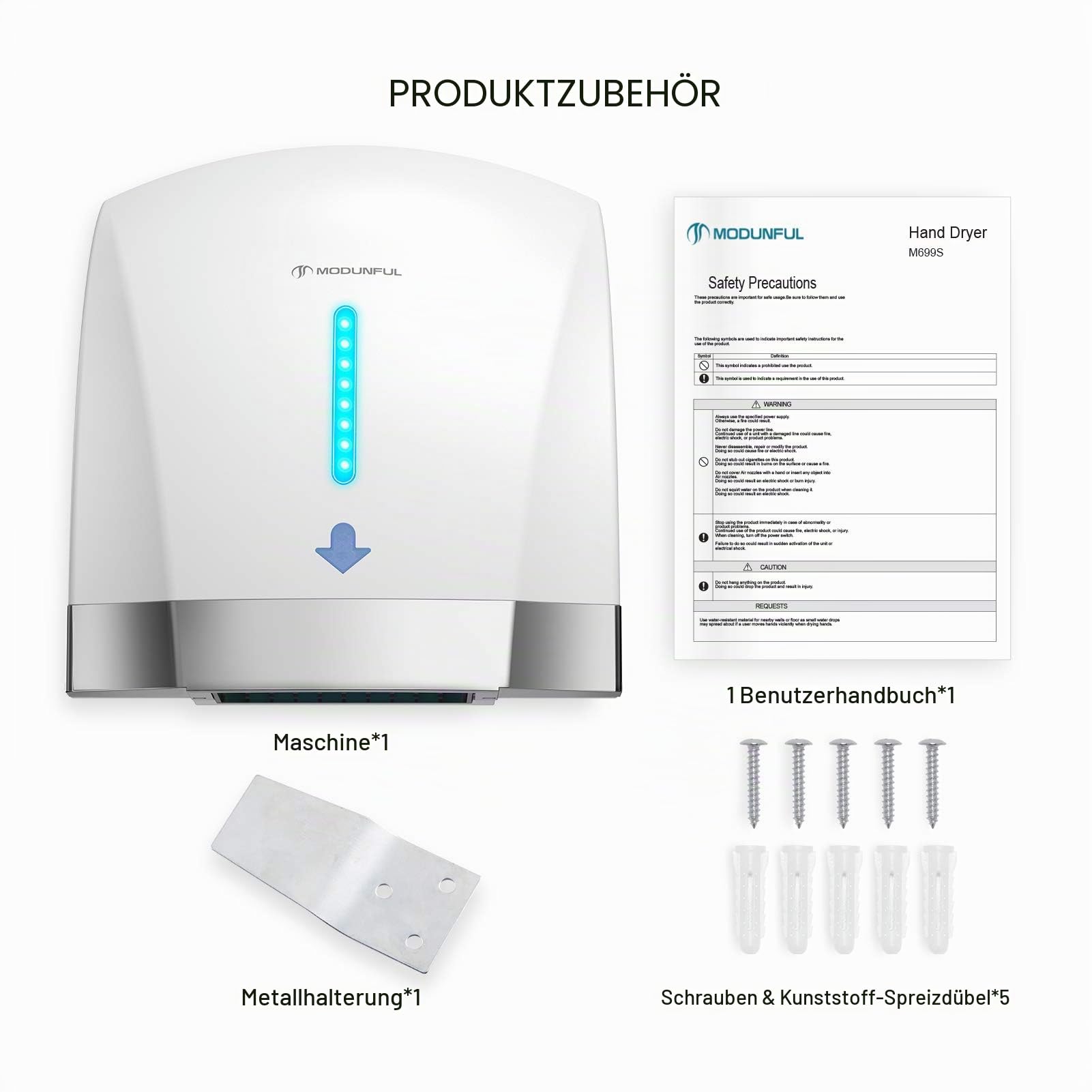 modunful Automatischer Handtrockner Elektrischer Wandmontage Infrarotsensor Händetrockner für Badezimmer Toiletten, 2000W Handtrockner Einstecken, Geräuscharm (40 db), Kompakte ABS-Abdeckung (Weiß)