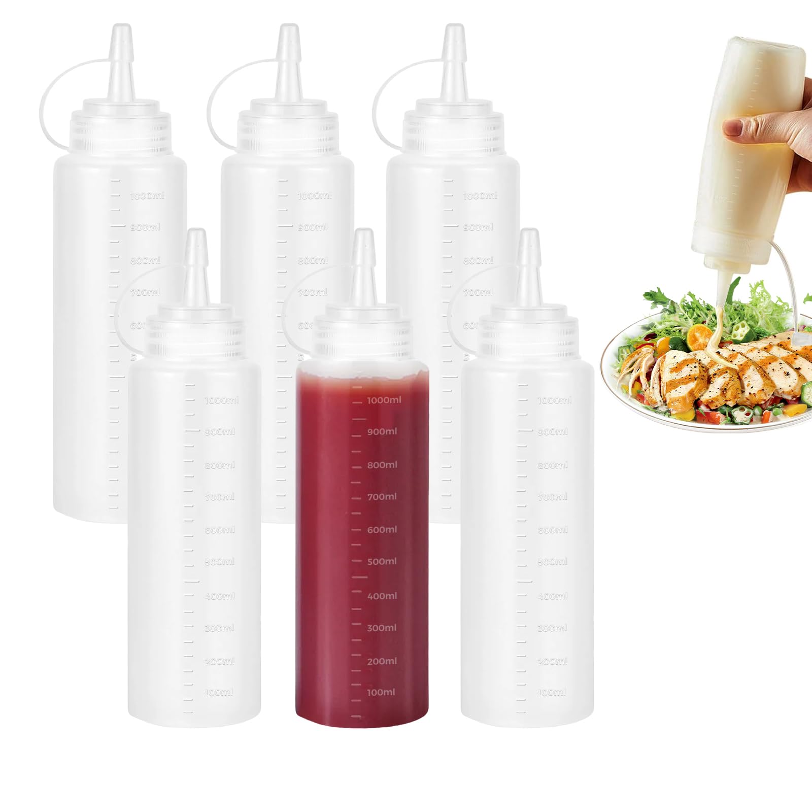 Woobroo 10 Pack 32oz/1000 ml Large-Capacity PE Refillable Sauce Bottles (with Spout) Squeeze-Style Condiment Dispenser for Various Sauces, Transparency