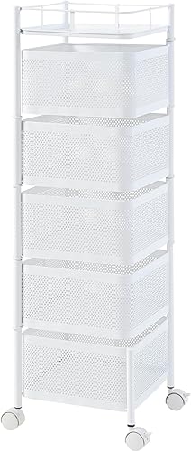 [en.casa] Sunndal Rolling Trolley with 5 Levels, Multi-Layer Kitchen Shelf with Wheels, Serving Trolley, Steel, Fold-Out Baskets, Shelf for Kitchen, Bathroom, 94.5 x 27 x 27 cm, White - 4