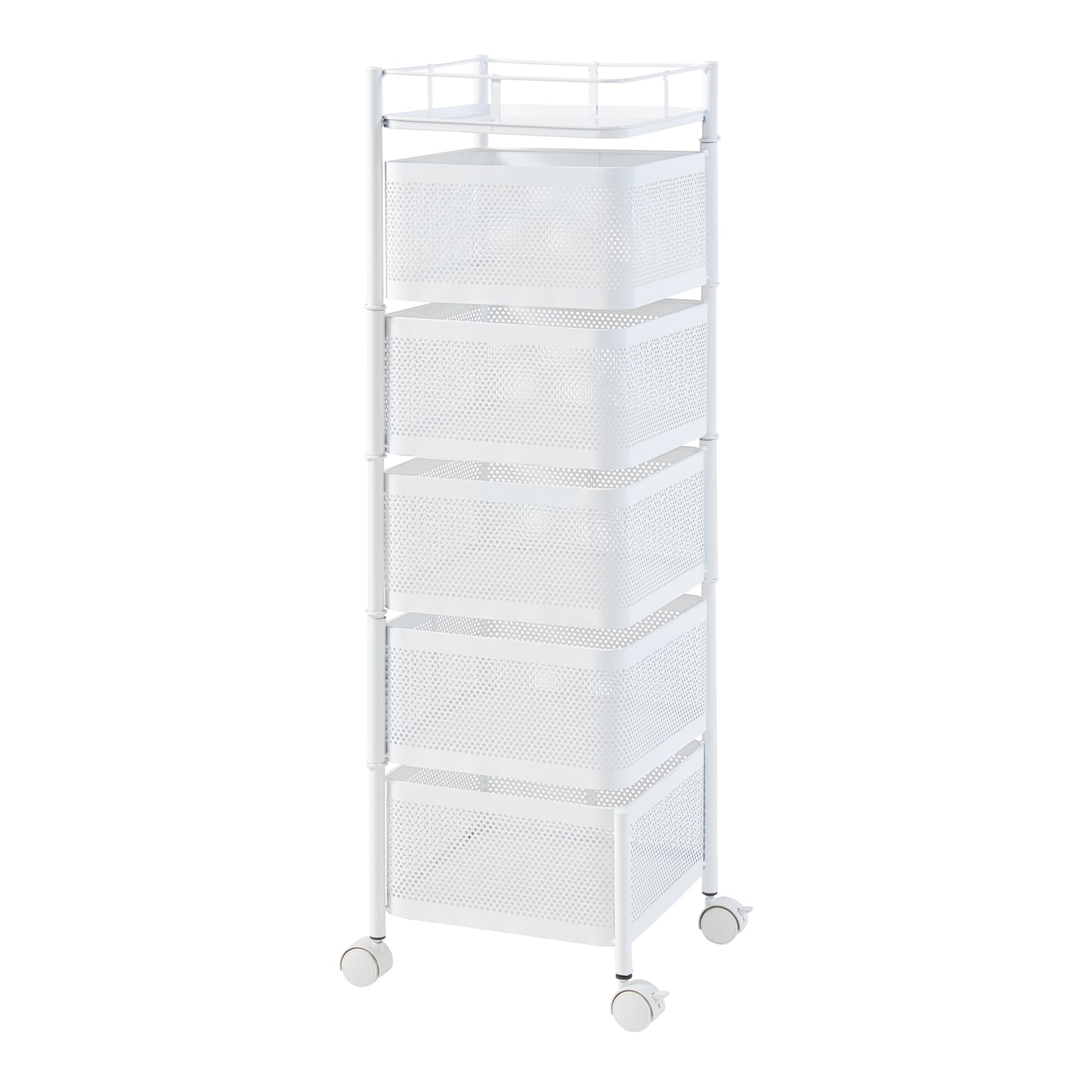 [en.casa] Carro de Servicio con 5 Cestas Rectangulares Verdulero con Paredes Perforadas y 4 Cestas Superiores Giratorias Carrito de Cocina Baño con 4 Ruedas Acero 95x27x27 cm - Blanco
