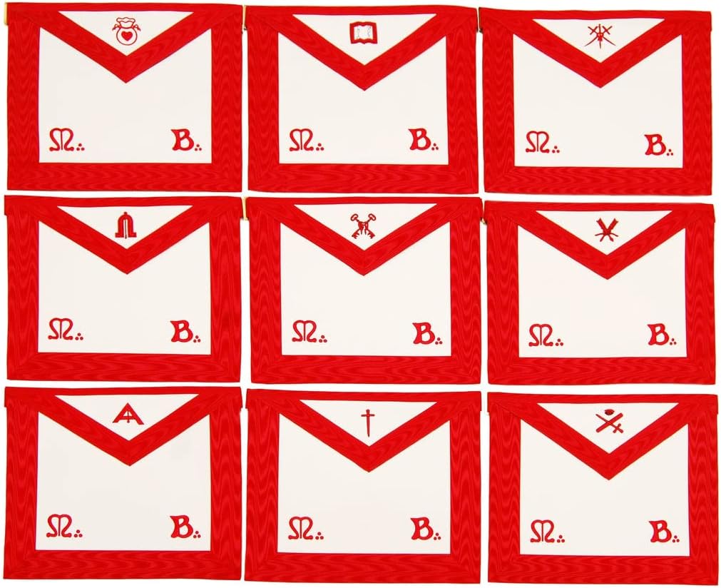Bricks Masons Officers Scottish Rite Officer Apron Set - Royal Red Moire Machine Embroidered