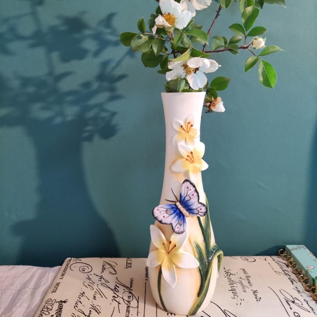 Ceramic Vase, Hand-Painted Butterflies and Lilies Flowers Home Decor Bouquet Holder- 10" Tall