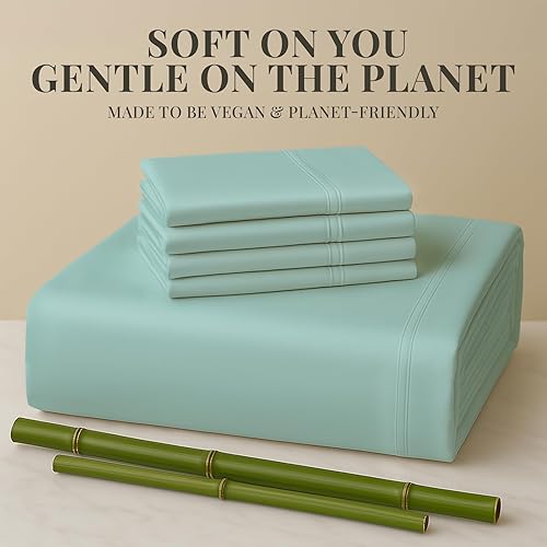 Miniatura 5 de Sacred Thread Juego de sábanas de 6 piezas de rayón derivado de bambú, juego de ropa de cama y fundas de almohada con bolsillos profundos, ropa de