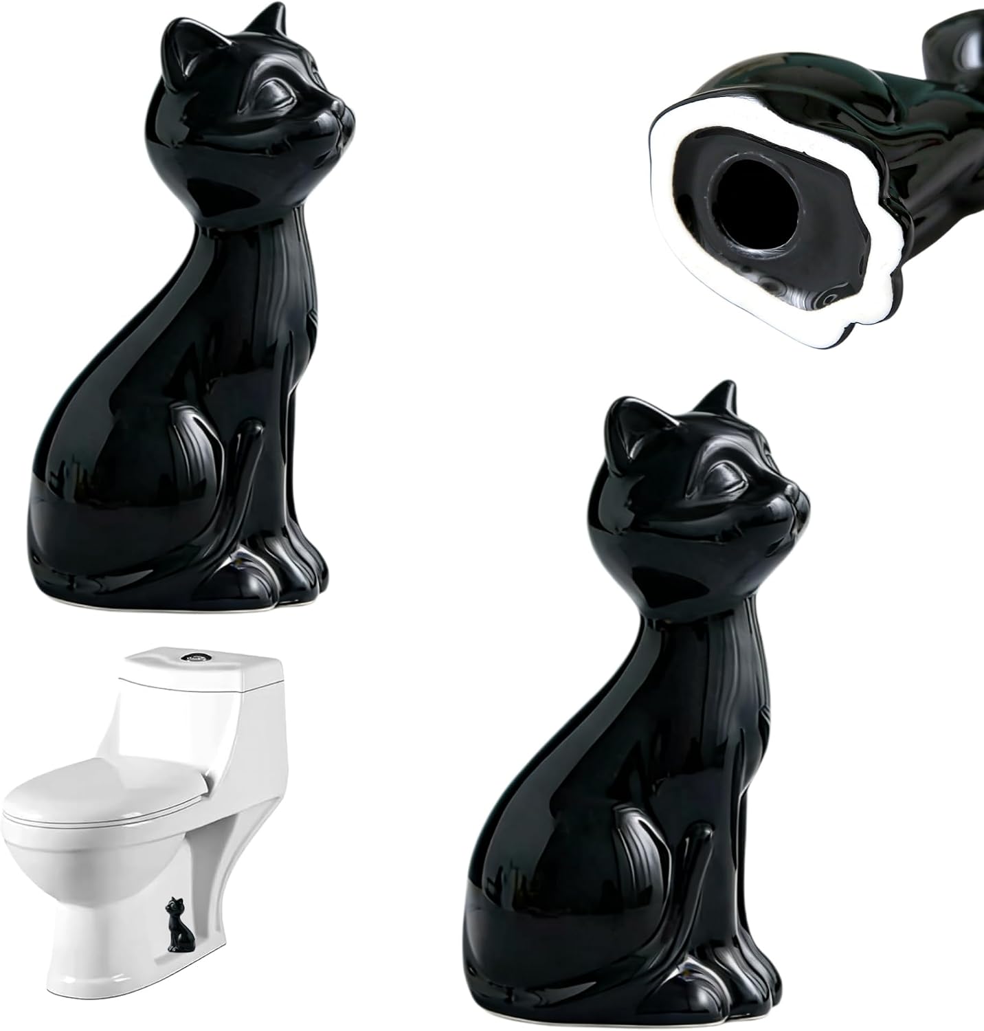 2 Pcs Retro Ceramic Cat Statues Toilet Bolt Covers（ Black） | Cute toilet bolt cover decoration, easy to install and replace parts decoration bathroom accessories