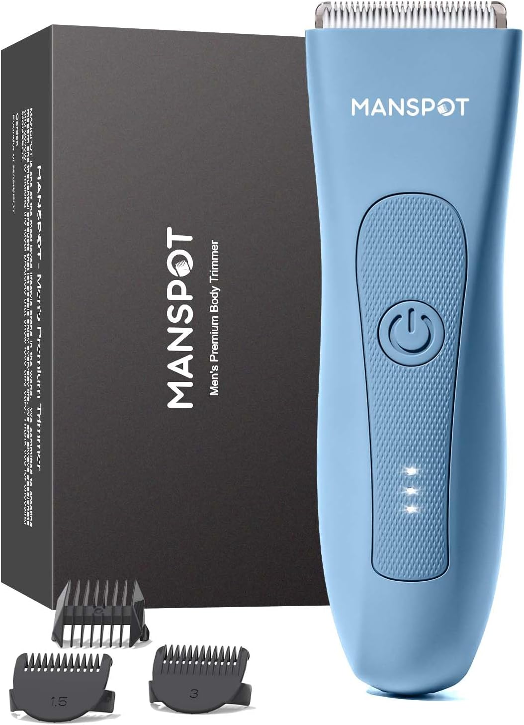 MANSPOT Pubic Hair Trimmer for Men(Bluebell-Blue), Replaceable Ceramic Blade Heads, Waterproof Wet/DryTrimmer for Men, 90 Minutes Shaving