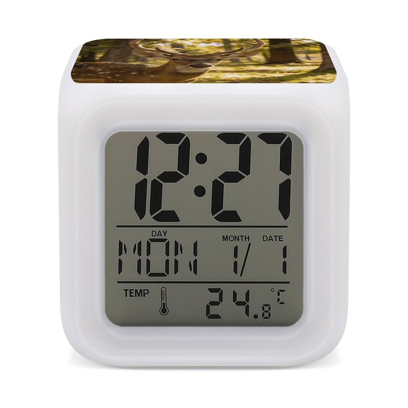 LZQPOEAS Fur Horn Shining Light Alarm Clock with 7 Color Changing Nightlight for Bedroom Calendar Temperature Display Wake Up Digital Clock Small Desk Clocks for Heavy Sleepers Adults