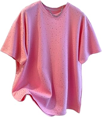 Mens Summer T-Shirt Loose Rhinestone Round Top