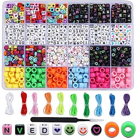 SOSMAR 1150Pcs Square Alphabet Letter Beads “A-Z”, Kandi Beads with 10m Elastic Cords, Cube Round Smile Rainbow Beads Colourful Pony Beads for Jewellery Making Kids Crafting Name Bracelets Cover