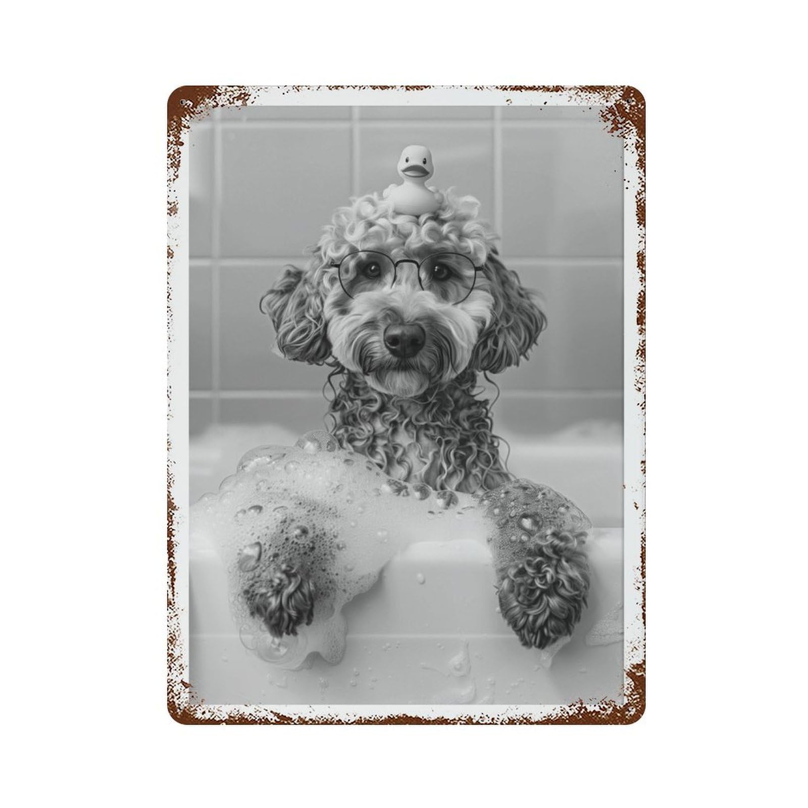 xiaoxiaoshen Labradoodle Bath Dog And Rubber Duck Bathtub, Black White Wall Decor Art Metal Tin Poster Modern Home Decor Art Home Bar Shop Decorations Vintage Sign 40x30cm