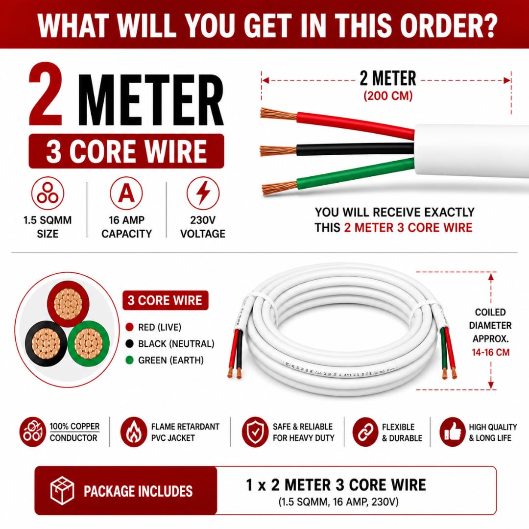 Hi-Plasst 3 Core Wire 1.5 Sq Mm Round Pure Copper Cable 2 Meter | Heavy Duty Electrical Cable Wire for Extension Board — Amazon image 2