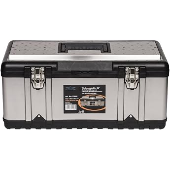 XL Toolbox Profi 23 Made of Stainless Steel with robust Plastic Frame and Removable Tool Carrier With metal locks. Dimensions 58.2 cm x 29.8 cm x 25.5 cm W x D x H.