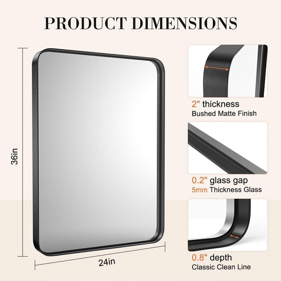 Bathroom Mirror, 36 X 24 Inch Black Rectangle Vanity Aluminum Alloy Framed Wall Mirror, Wall Mirror Farmhouse Anti-Rust Tempered Glass - Hangs Vertically or Horizontally
